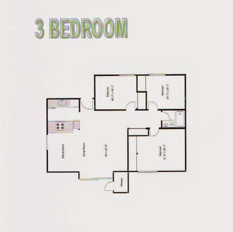 Floor plan for 3 beds, 1 bath, 929 sqft